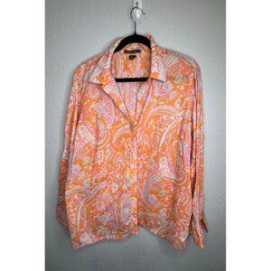 Lauren Ralph Lauren Orange Paisley Button-Up Shirt 2X 100% Cotton Long Sleeve Co